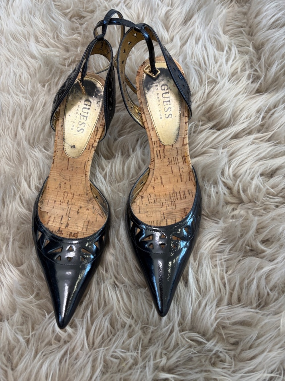 GUESS Black Patent Pointed-Toe Slingback Heels